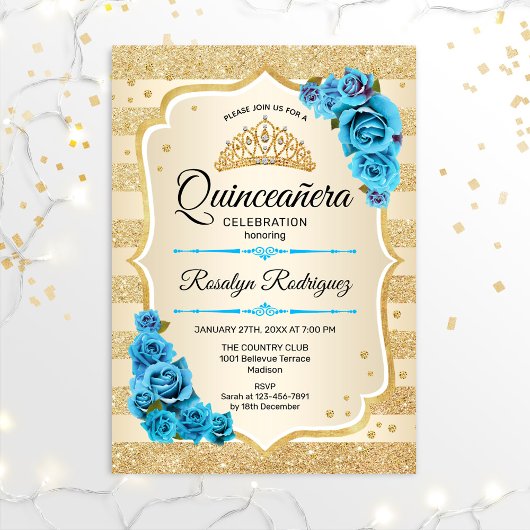 Invitation Quinceanera - Or Stripes Bleues