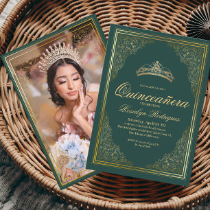 Invitation Quinceanera or vert émeraude Princesse Tiara