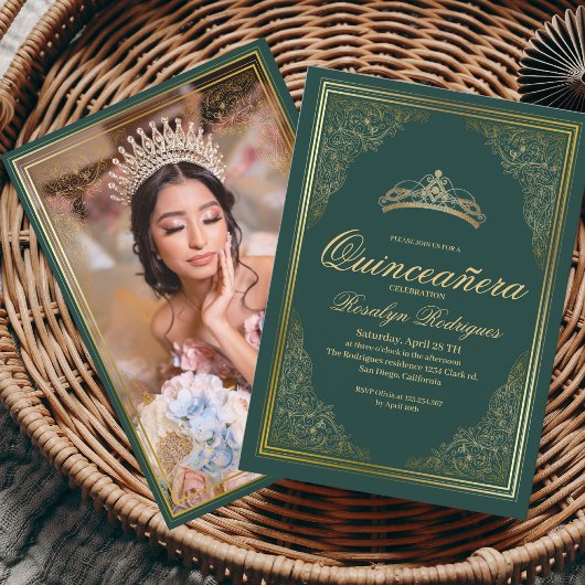 Invitation Quinceanera or vert émeraude Princesse Tiara