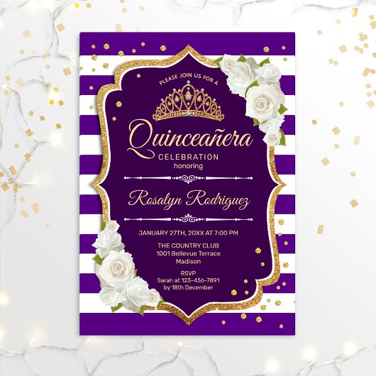 Invitation Quinceanera - Or violet blanc