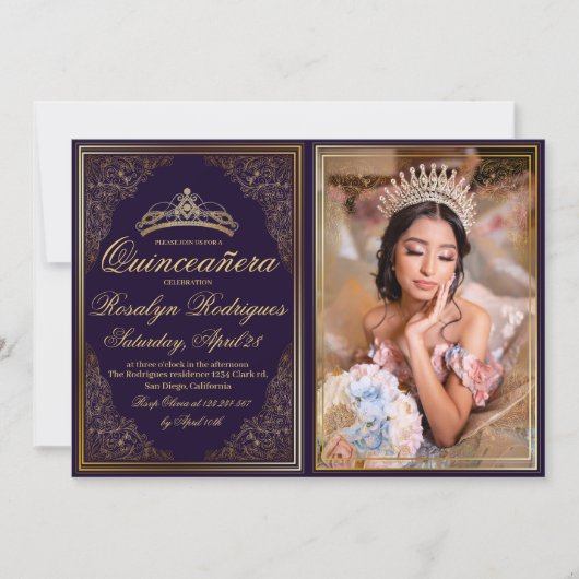 Invitation Quinceanera Or violet Ornate Princesse Tiara (Devant)