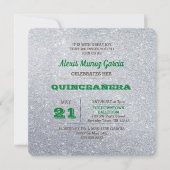 Invitation Quinceañera Pailletée Vert Émeraude & Argent (Devant)