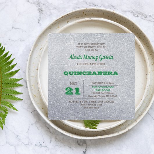 Invitation Quinceañera Pailletée Vert Émeraude & Argent