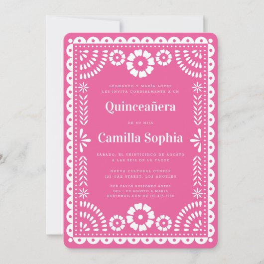 Invitation Quinceañera Papel Picado Élégant rose vif (Devant)
