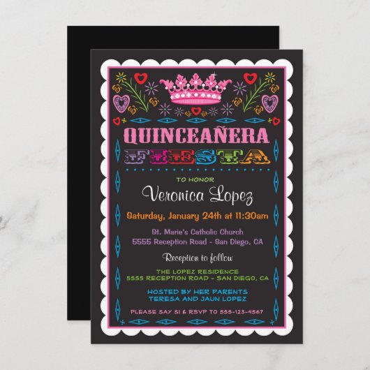 Invitation Quinceañera Papel Picado Fiesta (Devant / Derrière)