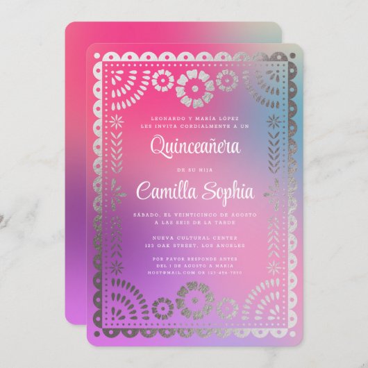 Invitation Quinceañera Papel Picado Fun Gradient Argent Rose (Devant / Derrière)