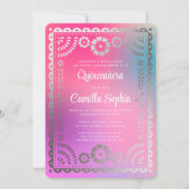 Invitation Quinceañera Papel Picado Fun Gradient Argent Rose (Devant)