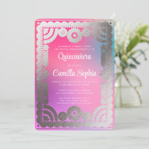 Invitation Quinceañera Papel Picado Fun Gradient Argent Rose