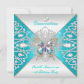 Invitation Quinceanera papillon 15ème Turquoise Silver Tiara  (Devant)