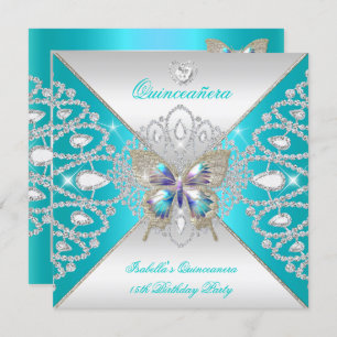 Invitation Quinceanera papillon 15ème Turquoise Silver Tiara 
