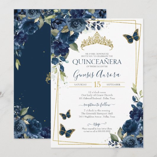 Invitation Quinceañera Papillon bleu aquarelle Floral (Devant / Derrière)
