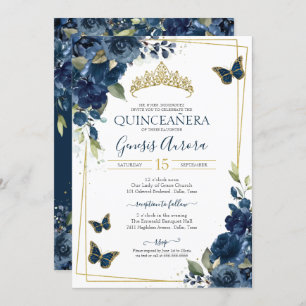 Invitation Quinceañera Papillon bleu aquarelle Floral