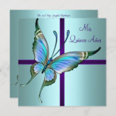 Invitation Quinceanera, papillon bleu turquoise (Devant / Derrière)