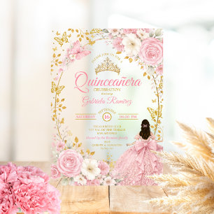 Invitation Quinceañera Papillon Doré Rose Pâle