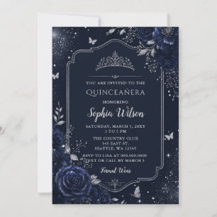 Invitation Quinceañera papillon floral argent marine