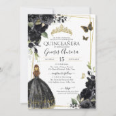 Invitation Quinceañera Papillon floral noir, Fille en robe (Devant)