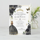 Invitation Quinceañera Papillon floral noir, Fille en robe (Debout devant)