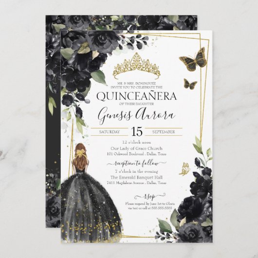 Invitation Quinceañera Papillon floral noir, Fille en robe (Devant / Derrière)
