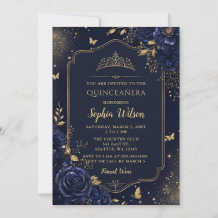 Invitation Quinceañera Papillon Floral Or Navy