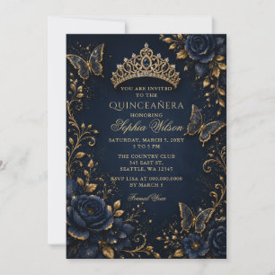 Invitation Quinceañera Papillon Floral Or Navy