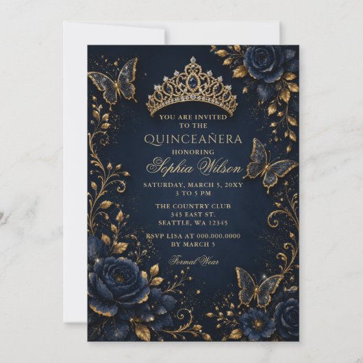 Invitation Quinceañera Papillon Floral Or Navy (Devant)