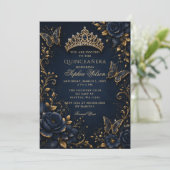 Invitation Quinceañera Papillon Floral Or Navy (Debout devant)