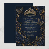 Invitation Quinceañera Papillon Floral Or Navy (Devant / Derrière)