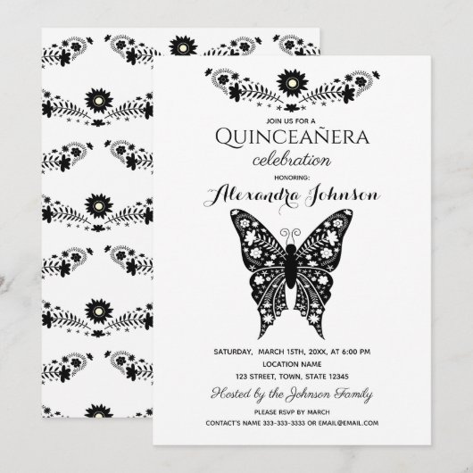 Invitation Quinceanera papillon noir et blanc 15e anniversair (Devant / Derrière)