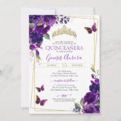 Invitation Quinceañera Papillon Purple Aquarelle Florale (Devant)