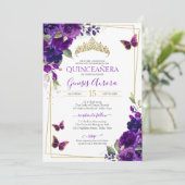 Invitation Quinceañera Papillon Purple Aquarelle Florale (Debout devant)