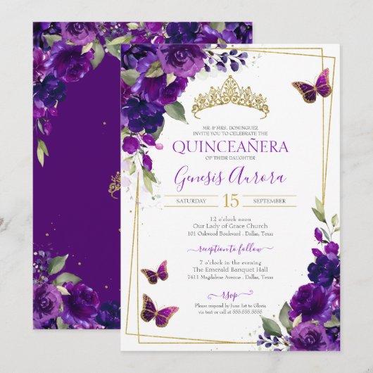 Invitation Quinceañera Papillon Purple Aquarelle Florale (Devant / Derrière)