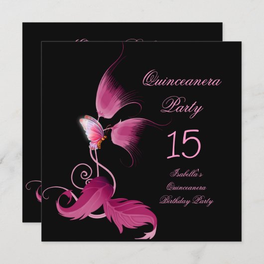 Invitation Quinceanera papillon rose 15 fête d'anniversaire (Devant / Derrière)