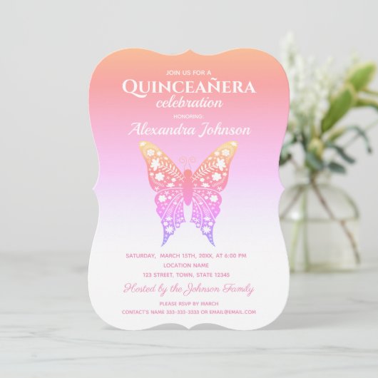Invitation Quinceanera Papillon rose 15e anniversaire (Debout devant)
