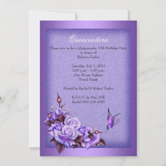 Invitation Quinceanera Papillon Rose violet Floral 2a (Dos)
