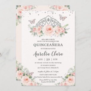 Invitation Quinceañera Papillons à couronne rose pâle