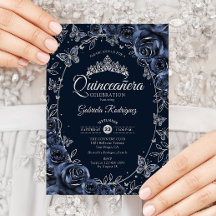 Quinceañera Papillons Argent Navy Roses