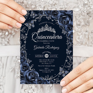 Invitation Quinceañera Papillons Argent Navy Roses