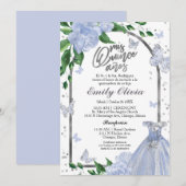 Invitation Quinceanera Papillons Dusty Blue Gown Espagnol (Devant / Derrière)