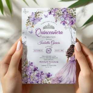 Invitation Quinceañera papillons floraux argent violet