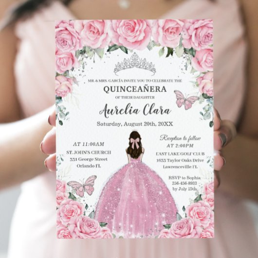 Invitation Quinceañera Papillons floraux roses Argent Tiara