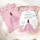 Invitation Quinceañera Papillons floraux roses Argent Tiara