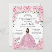 Invitation Quinceañera Papillons floraux roses Argent Tiara (Devant)