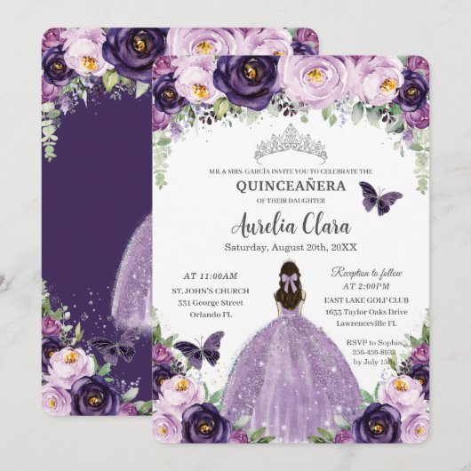 Invitation Quinceañera Papillons floraux violets Argent Tiara (Devant / Derrière)