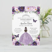 Invitation Quinceañera Papillons floraux violets Argent Tiara (Debout devant)