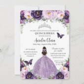 Invitation Quinceañera Papillons floraux violets Argent Tiara (Devant)