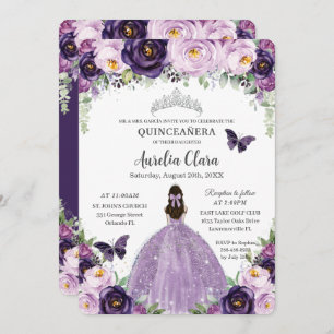 Invitation Quinceañera Papillons floraux violets Argent Tiara