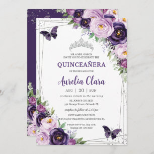 Invitation Quinceañera Papillons floraux violets foncés Lilac