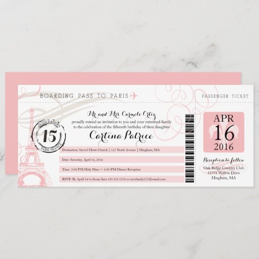 Invitation Quinceanera | Paris Embarquement Pass (Devant / Derrière)
