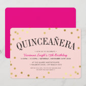 Invitation QUINCEAÑERA PARTI luxe d'or confetti taches rose (Devant / Derrière)
