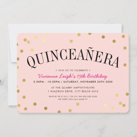 Invitation QUINCEAÑERA PARTI luxe d'or confetti taches rose (Devant)